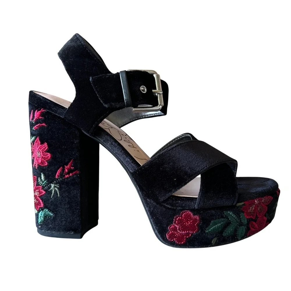 Libby Edelman Marcy Black Velvet Floral Embroidery Platform Block Heel Sandals 7